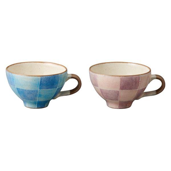 Yamamasa Kagami 陶器手繪彩色格紋一對湯杯 411500 1盒（直送）